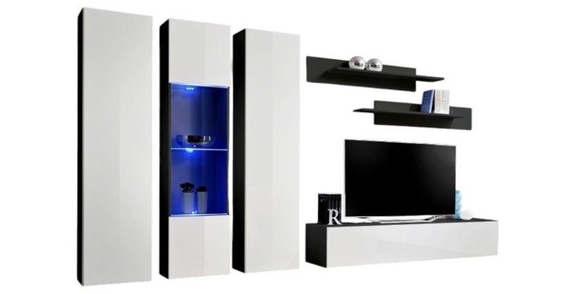 Meuble TV FLY C5 design, coloris noir et blanc brillant. Meuble suspendu moderne et tendance pour votre salon.