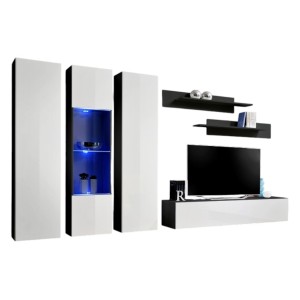 Meuble TV FLY C5 design, coloris noir et blanc brillant. Meuble suspendu moderne et tendance pour votre salon.