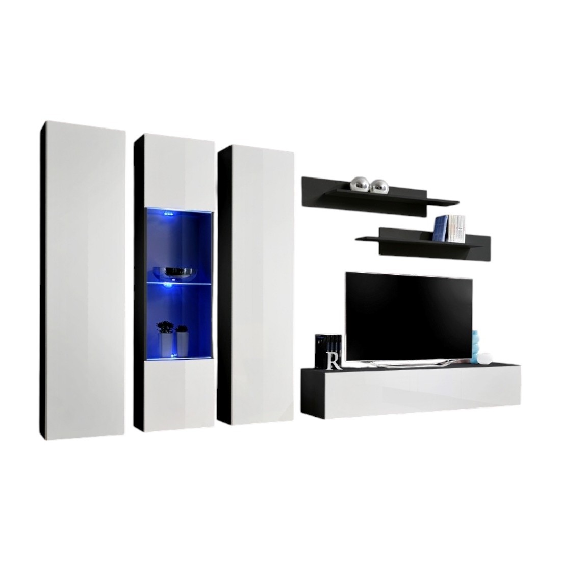 Meuble TV FLY C5 design, coloris noir et blanc brillant. Meuble suspendu moderne et tendance pour votre salon.