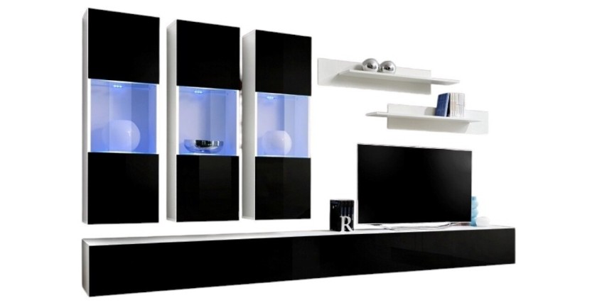 Meuble TV FLY E2 design, coloris blanc et noir brillant. Meuble suspendu moderne et tendance pour votre salon.