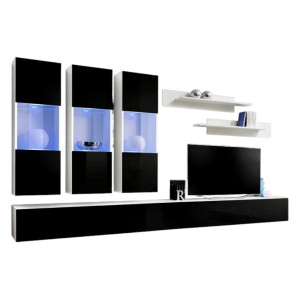 Meuble TV FLY E2 design, coloris blanc et noir brillant. Meuble suspendu moderne et tendance pour votre salon.