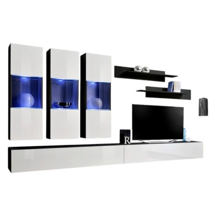 Meuble TV FLY E2 design, coloris noir et blanc brillant. Meuble suspendu moderne et tendance pour votre salon.