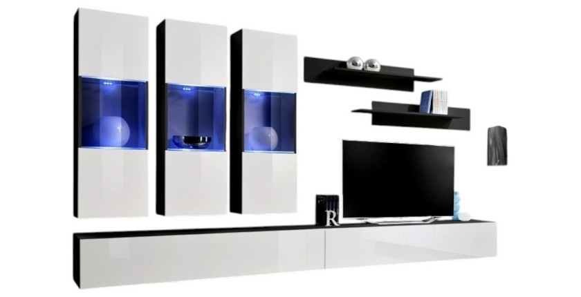 Meuble TV FLY E2 design, coloris noir et blanc brillant. Meuble suspendu moderne et tendance pour votre salon.