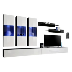Meuble TV FLY E2 design, coloris noir et blanc brillant. Meuble suspendu moderne et tendance pour votre salon.