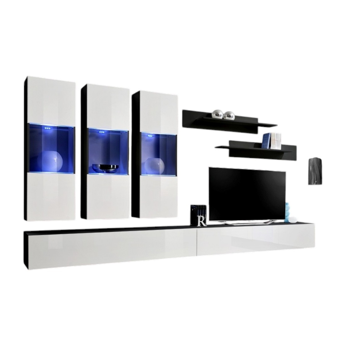 Meuble TV FLY E2 design, coloris noir et blanc brillant. Meuble suspendu moderne et tendance pour votre salon.