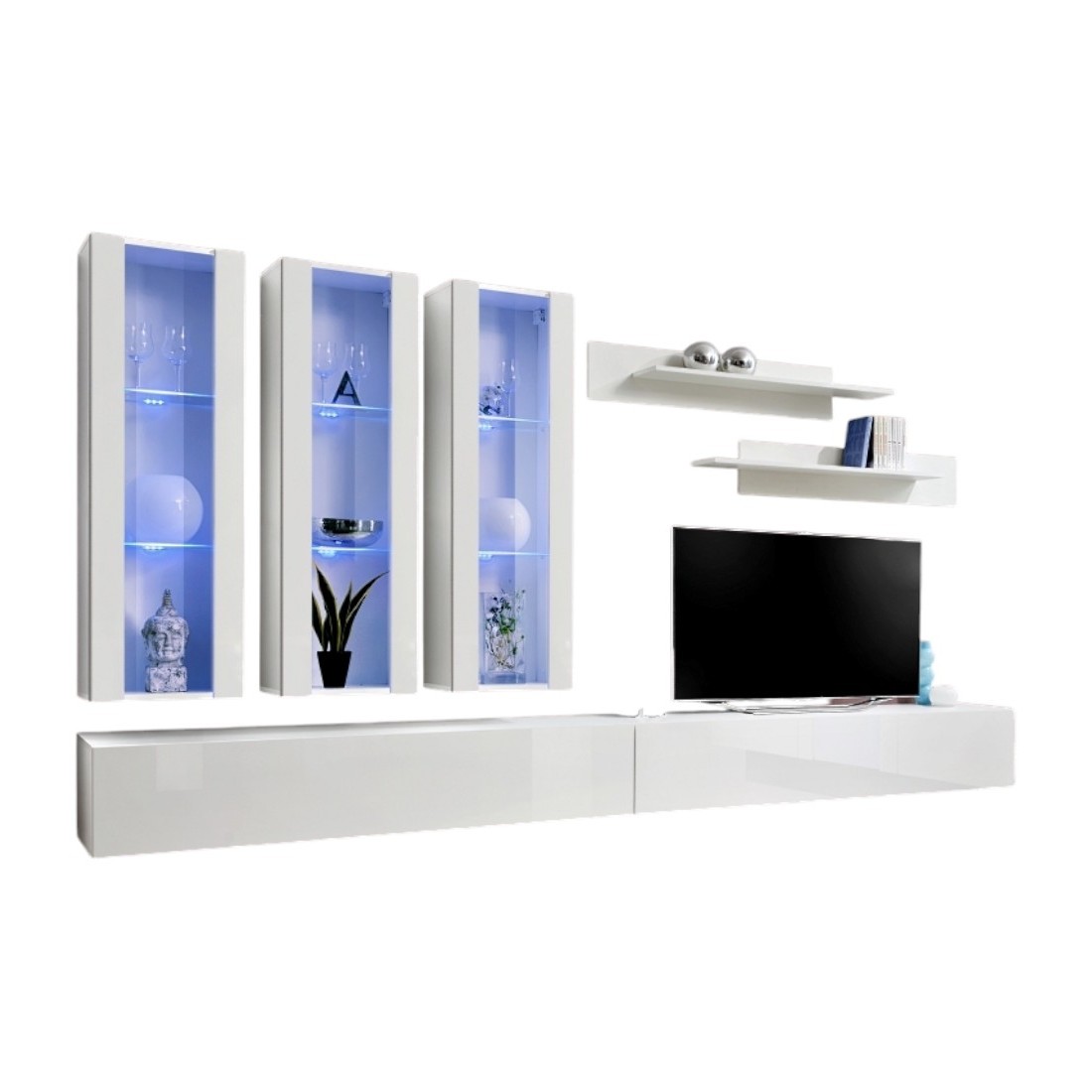 TV-meubel FLY E3 design, in glanzend wit. Modern en trendy zwevend meubel voor uw woonkamer.
