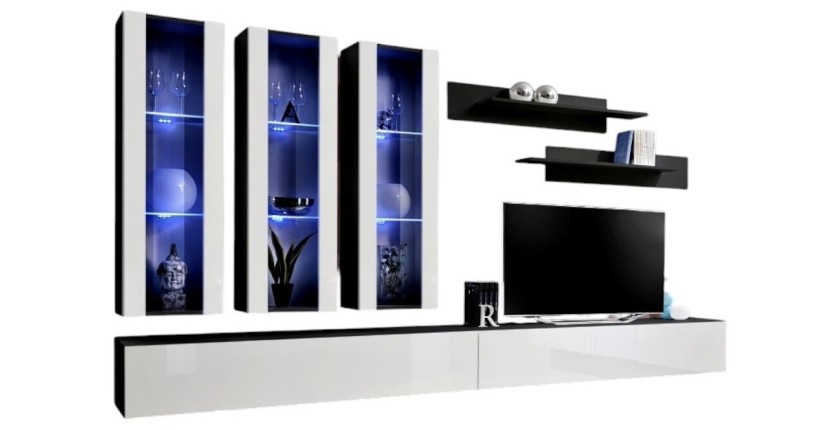 Meuble TV FLY E3 design, coloris noir et blanc brillant. Meuble suspendu moderne et tendance pour votre salon.