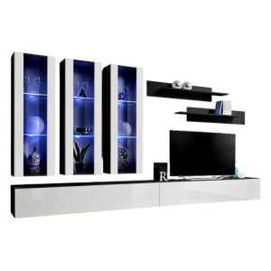Meuble TV FLY E3 design, coloris noir et blanc brillant. Meuble suspendu moderne et tendance pour votre salon.