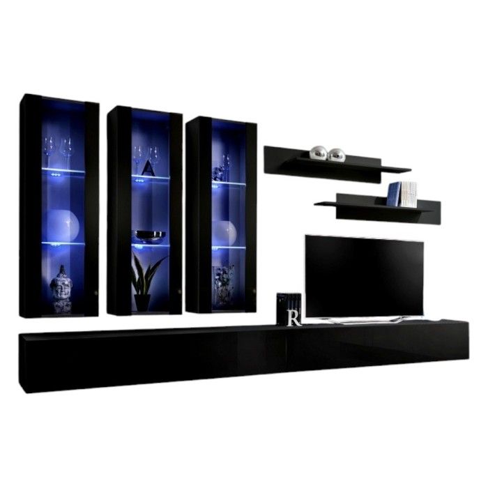 Meuble TV FLY E3 design, coloris noir brillant. Meuble suspendu moderne et tendance pour votre salon.