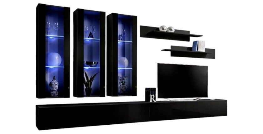 Meuble TV FLY E3 design, coloris noir brillant. Meuble suspendu moderne et tendance pour votre salon.