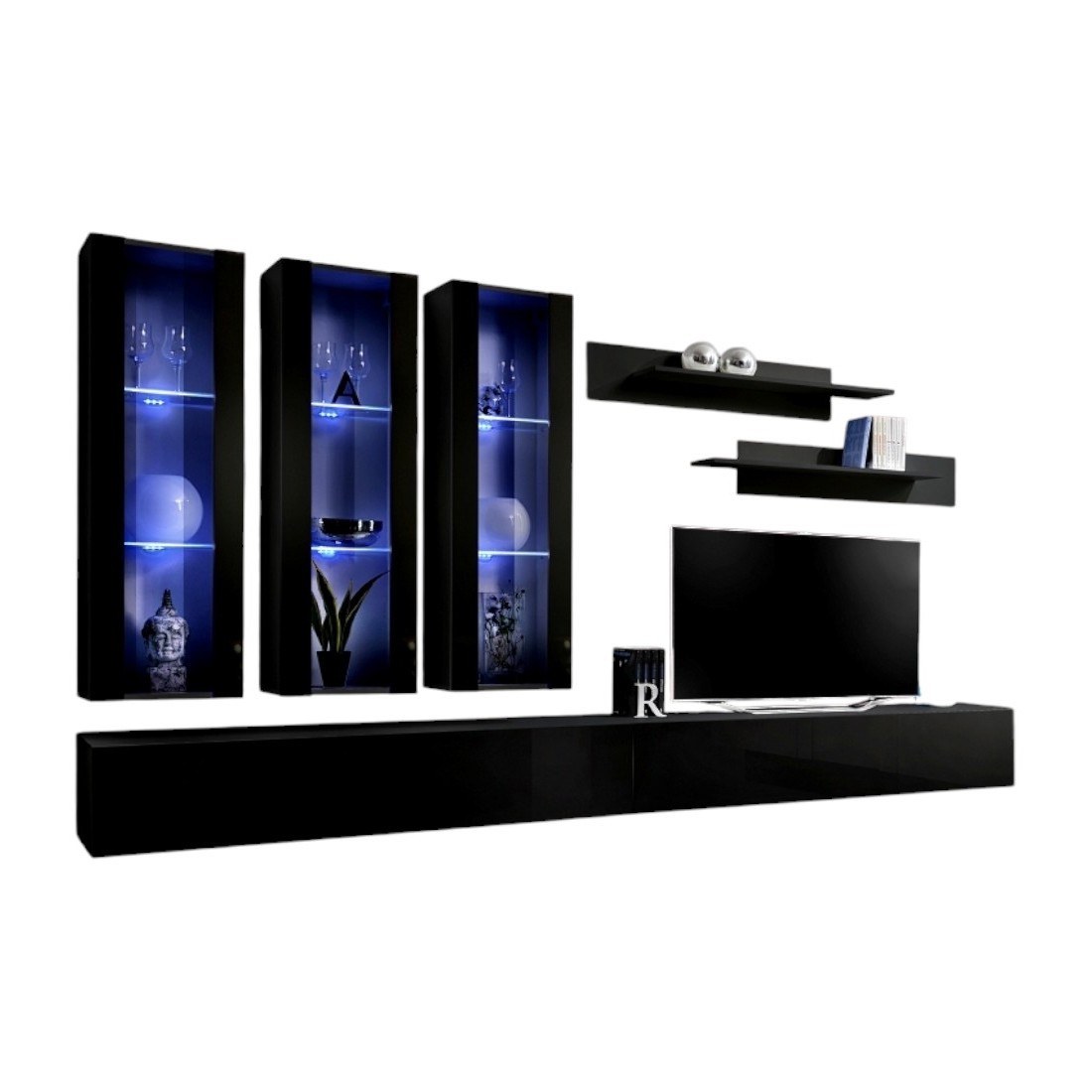 Meuble TV FLY E3 design, coloris noir brillant. Meuble suspendu moderne et tendance pour votre salon.