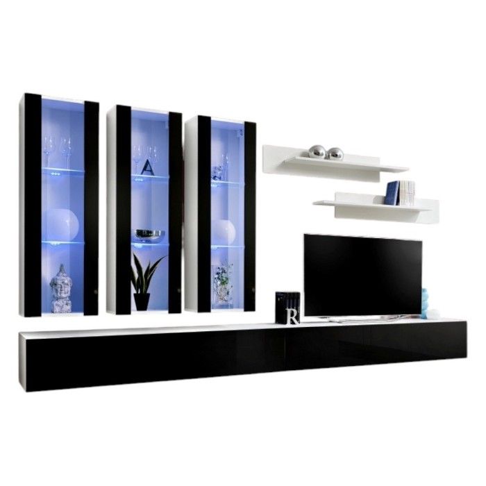 Möbelstück TV FLY E3 Design, Farben weiß und schwarz glänzend. Modernes und trendiges Hängemöbel für Ihr Wohnzimmer.