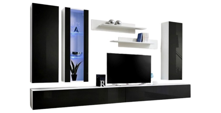 Meuble TV FLY E4 design, coloris blanc et noir brillant. Meuble suspendu moderne et tendance pour votre salon.