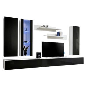 Meuble TV FLY E4 design, coloris blanc et noir brillant. Meuble suspendu moderne et tendance pour votre salon.