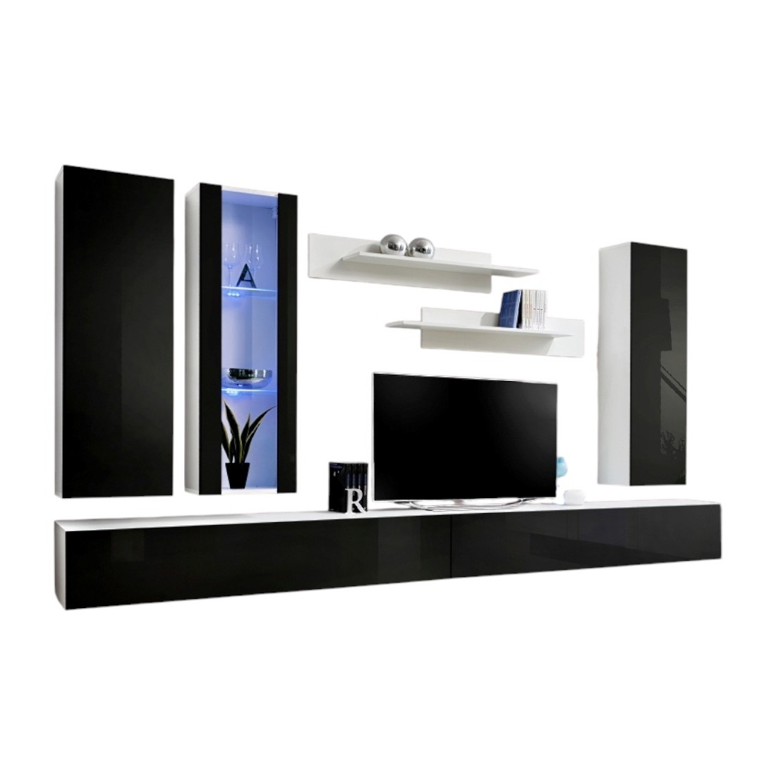 Meuble TV FLY E4 design, coloris blanc et noir brillant. Meuble suspendu moderne et tendance pour votre salon.