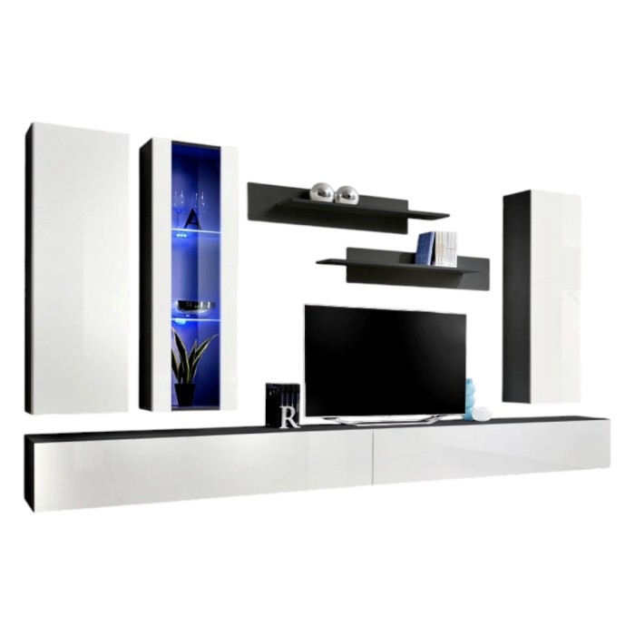 Meuble TV FLY E4 design, coloris blanc brillant. Meuble suspendu moderne et tendance pour votre salon.