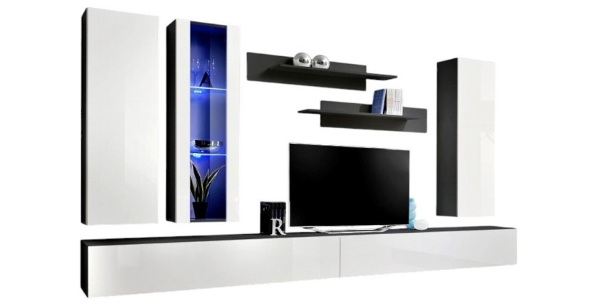 Meuble TV FLY E4 design, coloris blanc brillant. Meuble suspendu moderne et tendance pour votre salon.