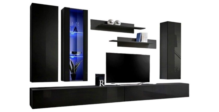 Meuble TV FLY E4 design, coloris noir brillant. Meuble suspendu moderne et tendance pour votre salon.