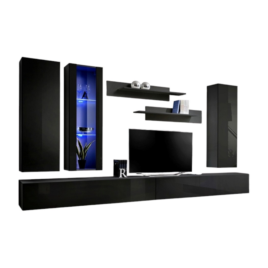 Meuble TV FLY E4 design, coloris noir brillant. Meuble suspendu moderne et tendance pour votre salon.