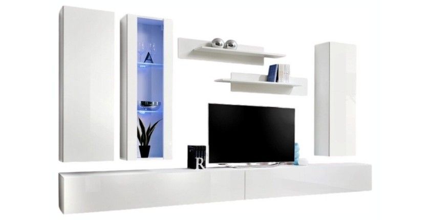 Meuble TV FLY E4 design, coloris blanc brillant. Meuble suspendu moderne et tendance pour votre salon.