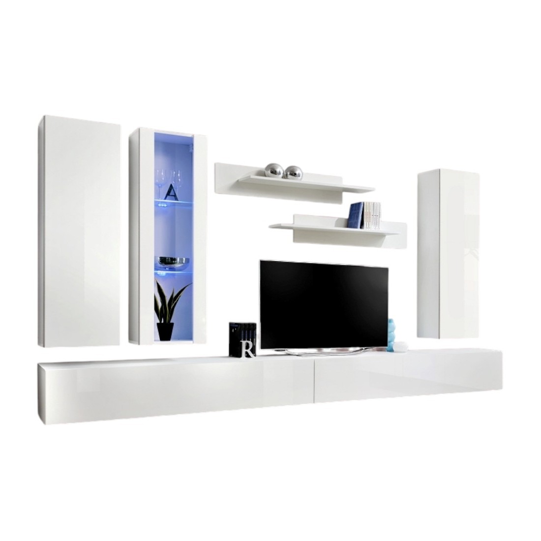 Meuble TV FLY E4 design, coloris blanc brillant. Meuble suspendu moderne et tendance pour votre salon.