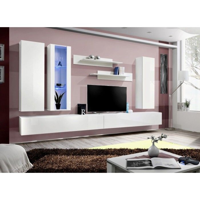 Composition murale FLY E4 meuble TV suspendu blanc brillant LED design