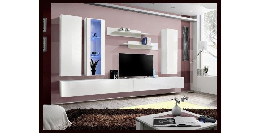 Composition murale FLY E4 meuble TV suspendu blanc brillant LED design