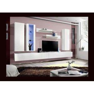 Composition murale FLY E4 meuble TV suspendu blanc brillant LED design