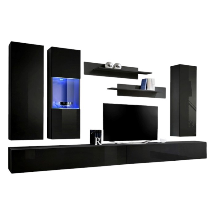 Meuble TV FLY E5 design, coloris noir brillant. Meuble suspendu moderne et tendance pour votre salon.