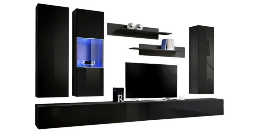 Meuble TV FLY E5 design, coloris noir brillant. Meuble suspendu moderne et tendance pour votre salon.