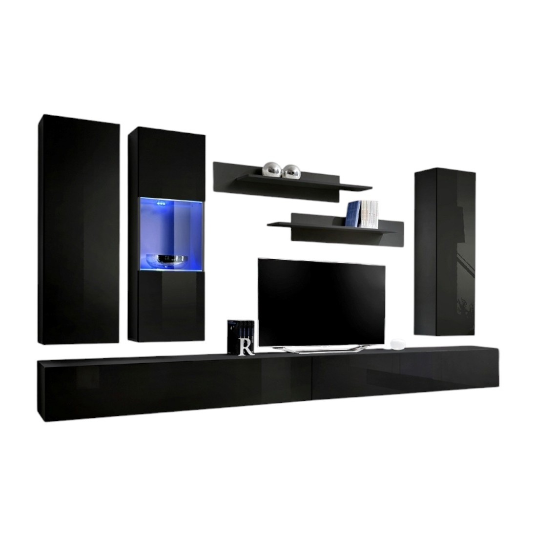 TV-Möbel FLY E5 Design, in glänzendem Schwarz. Modernes und trendiges Hängemöbel für Ihr Wohnzimmer.