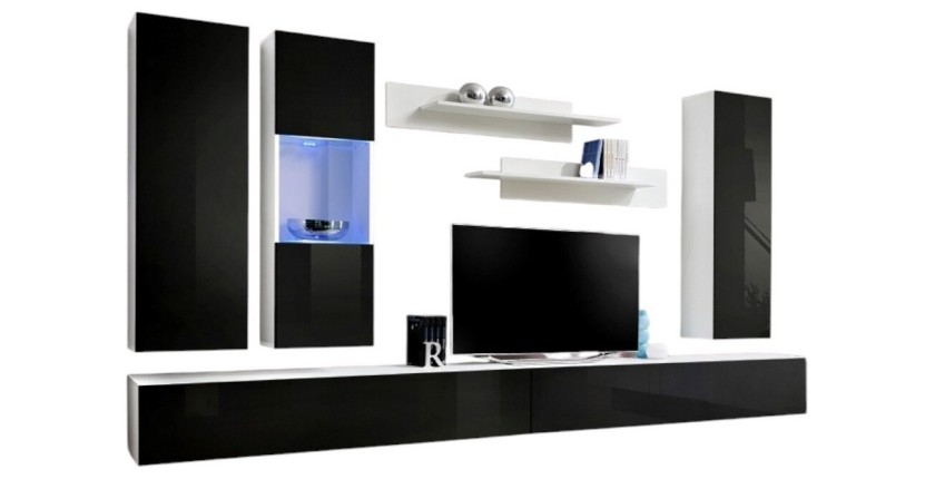Meuble TV FLY E5 design, coloris blanc et noir brillant. Meuble pour votre salon.