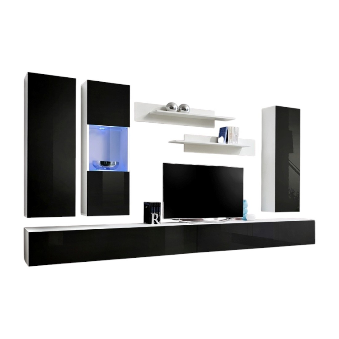Meuble TV FLY E5 design, coloris blanc et noir brillant. Meuble pour votre salon.