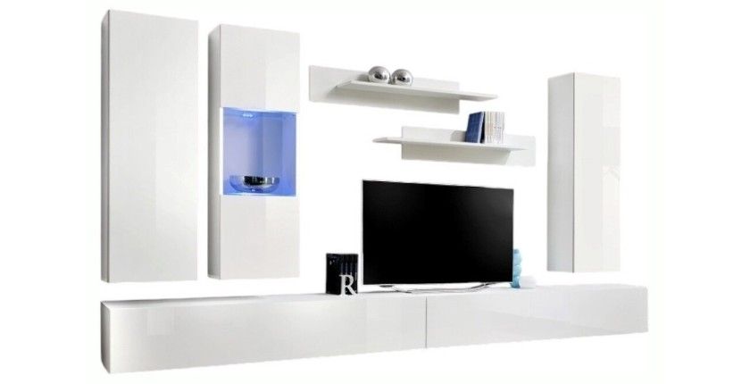 Meuble TV FLY E5 design, coloris blanc brillant. Meuble suspendu moderne et tendance pour votre salon.
