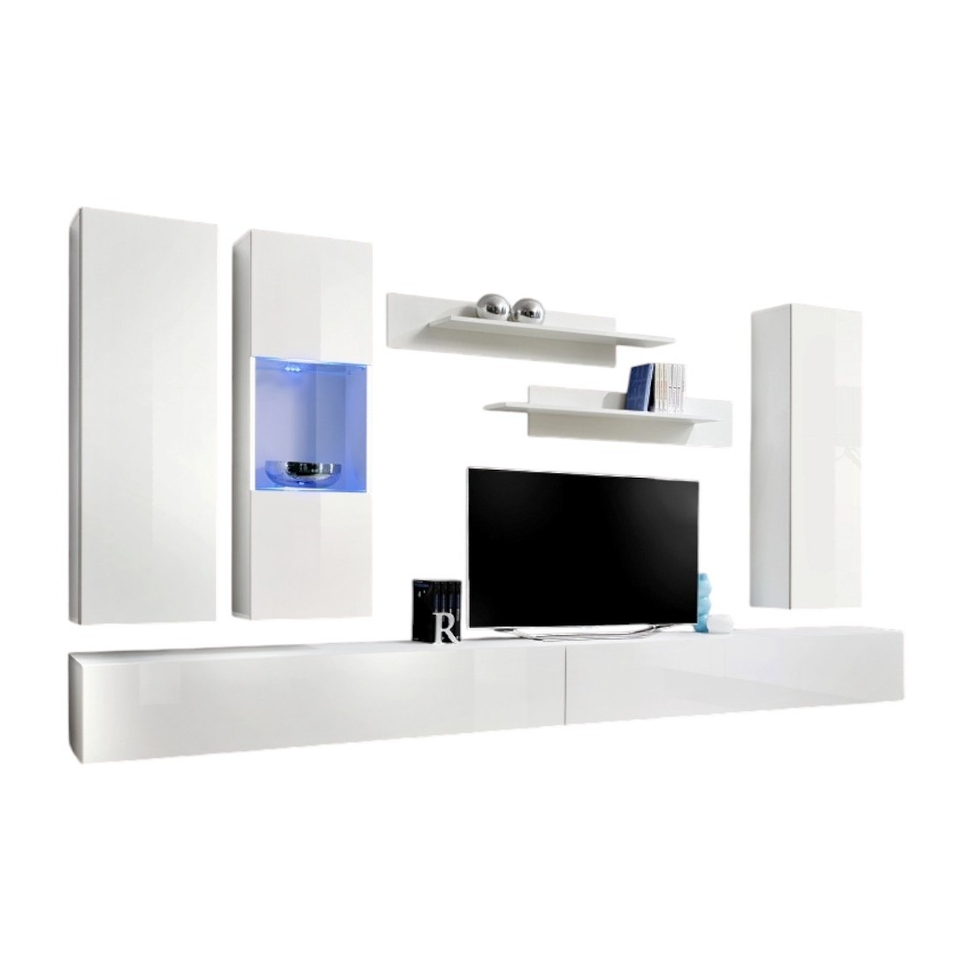 Meuble TV FLY E5 design, coloris blanc brillant. Meuble suspendu moderne et tendance pour votre salon.