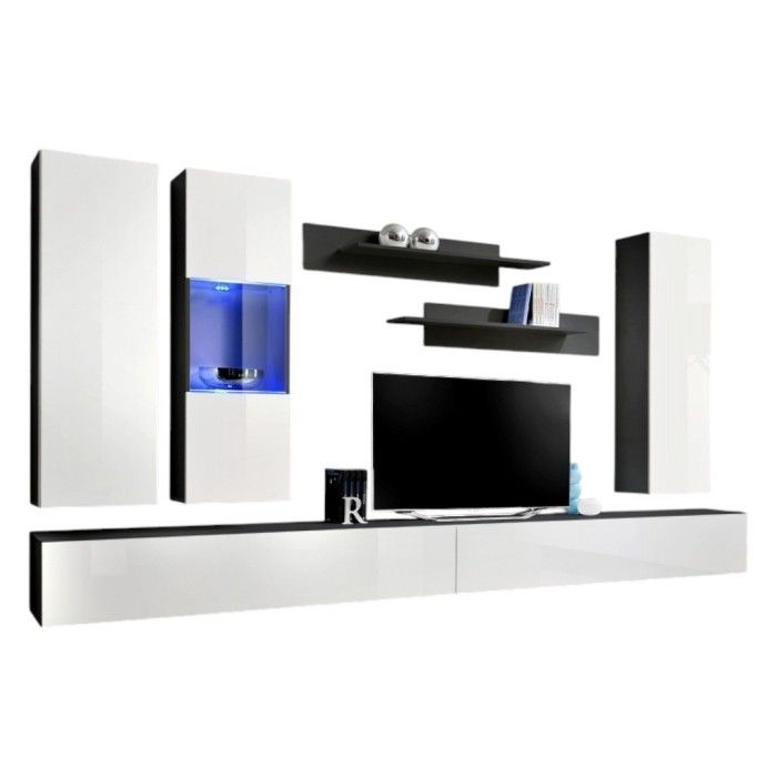 Möbelstück TV FLY E5 Design, Farbe Schwarz und glänzendes Weiß. Modernes und trendiges Hängemöbel für Ihr Wohnzimmer.