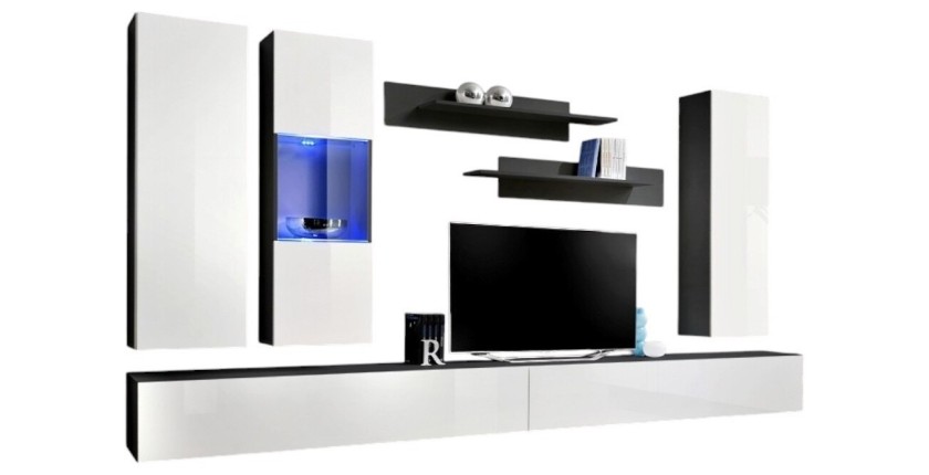 TV-Möbel FLY E5 Design, in glänzendem Schwarz und Weiß. Modernes und trendiges hängendes Möbelstück für Ihr Wohnzimmer.