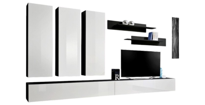 TV-Möbel FLY E1 im Design, in glänzendem Schwarz und Weiß. Modernes und modisches Hängemöbel für Ihr Wohnzimmer.