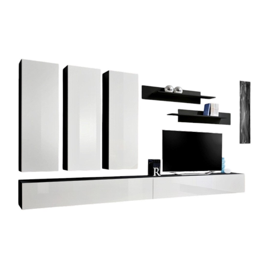 TV-Möbel FLY E1 im Design, in glänzendem Schwarz und Weiß. Modernes und modisches Hängemöbel für Ihr Wohnzimmer.