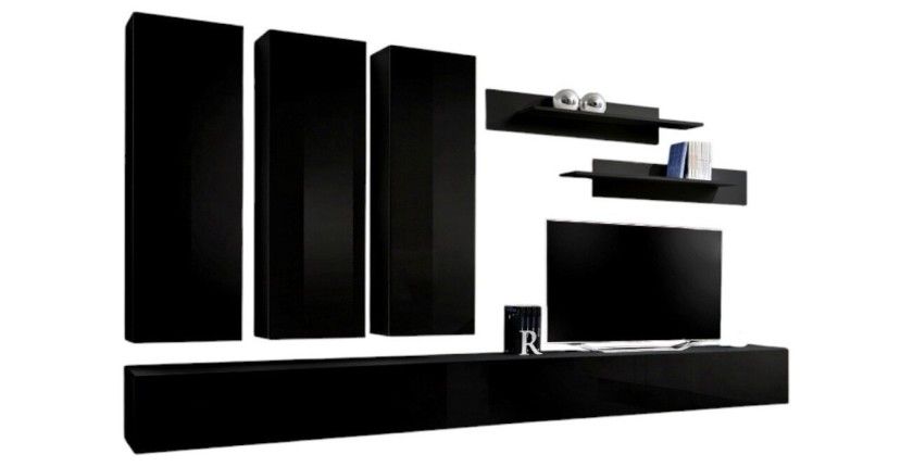 Meuble TV FLY E1 design, coloris noir brillant. Meuble suspendu moderne et tendance pour votre salon.