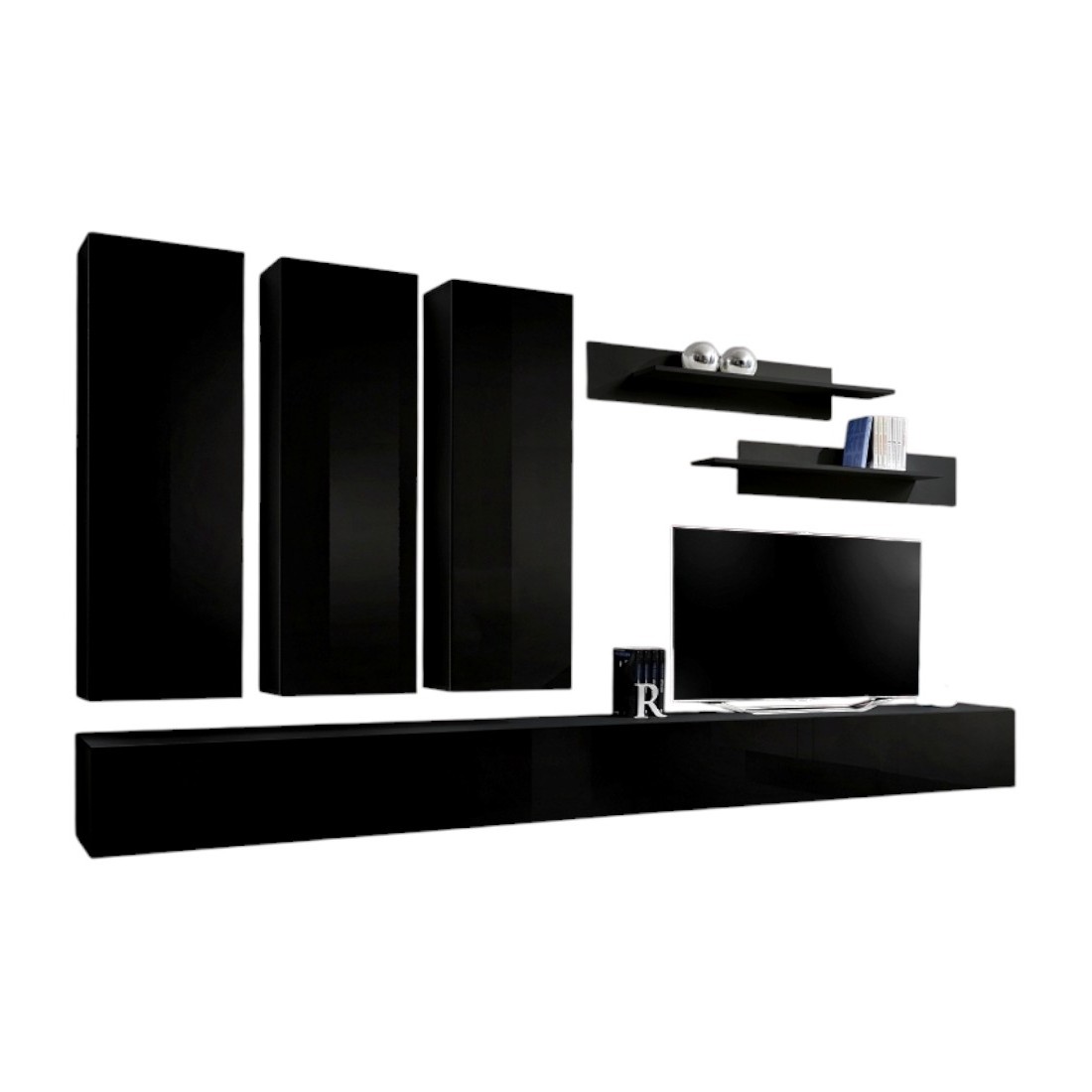 Meuble TV FLY E1 design, coloris noir brillant. Meuble suspendu moderne et tendance pour votre salon.