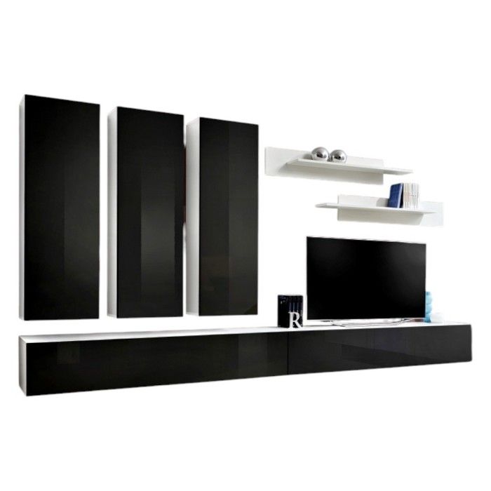 TV-Möbel FLY E1 Design, Farbe weiß und schwarz glänzend. Modernes und trendiges Hängemöbel für Ihr Wohnzimmer.