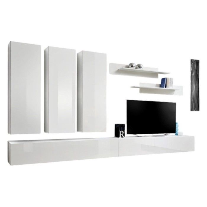 Meuble TV FLY E1 design, coloris blanc brillant. Meuble suspendu moderne et tendance pour votre salon.