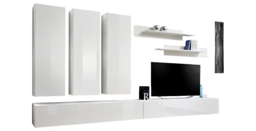 Meuble TV FLY E1 design, coloris blanc brillant. Meuble suspendu moderne et tendance pour votre salon.