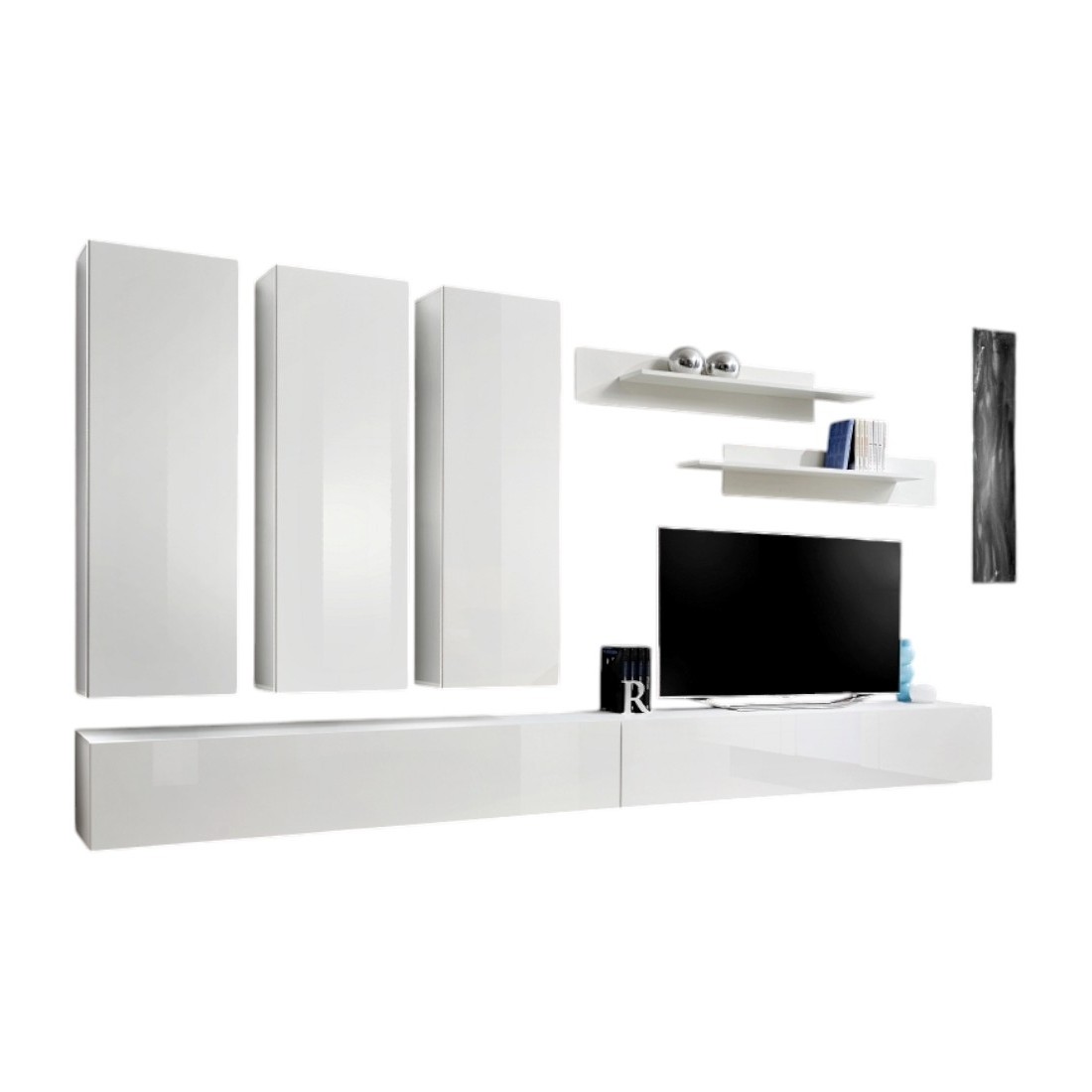 Meuble TV FLY E1 design, coloris blanc brillant. Meuble suspendu moderne et tendance pour votre salon.
