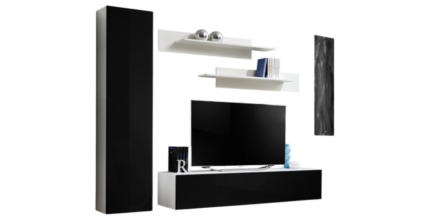 Meuble TV FLY G1 design, coloris blanc et noir brillant. Meuble suspendu moderne et tendance pour votre salon.