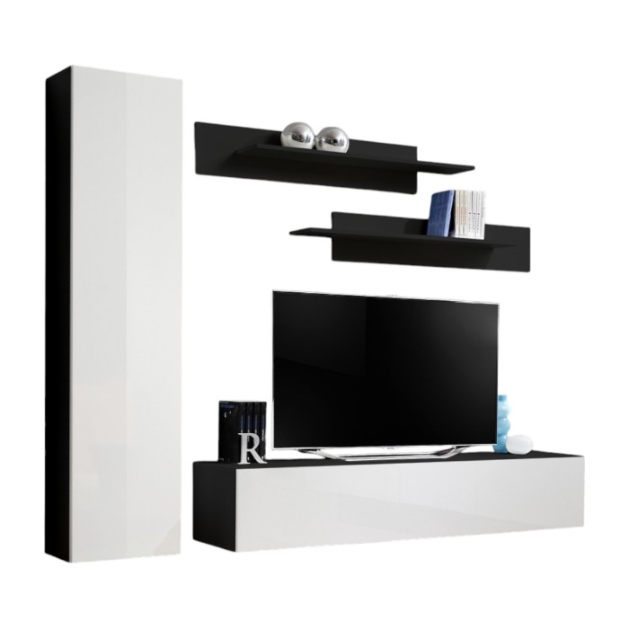 Meuble TV FLY G1 design, coloris noir et blanc brillant. Meuble suspendu moderne et tendance pour votre salon.