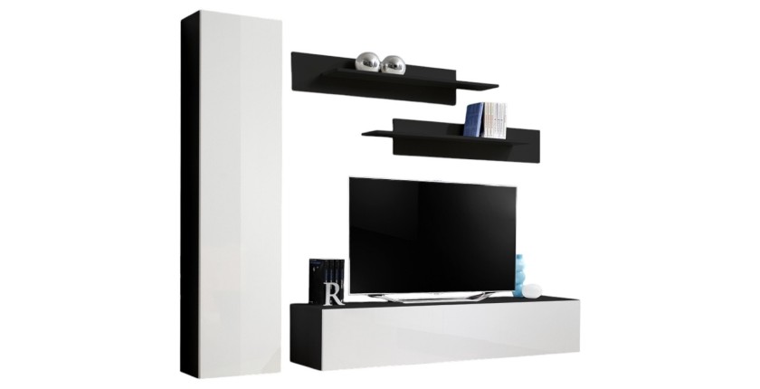 Meuble TV FLY G1 design, coloris noir et blanc brillant. Meuble suspendu moderne et tendance pour votre salon.