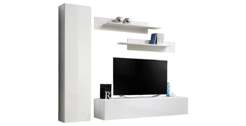 Meuble TV FLY G1 design, coloris blanc brillant. Meuble suspendu moderne et tendance pour votre salon.