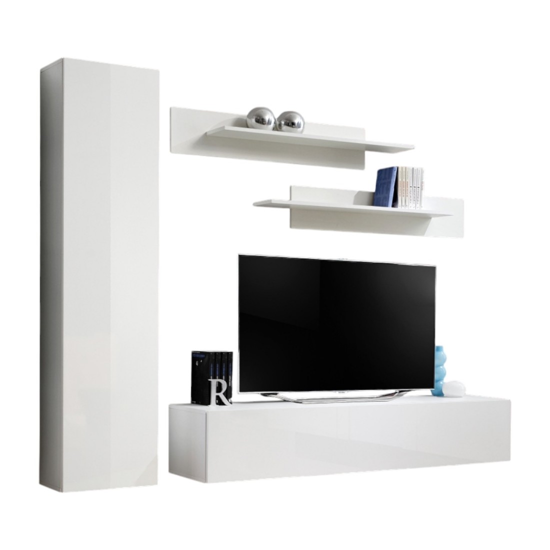 Meuble TV FLY G1 design, coloris blanc brillant. Meuble suspendu moderne et tendance pour votre salon.